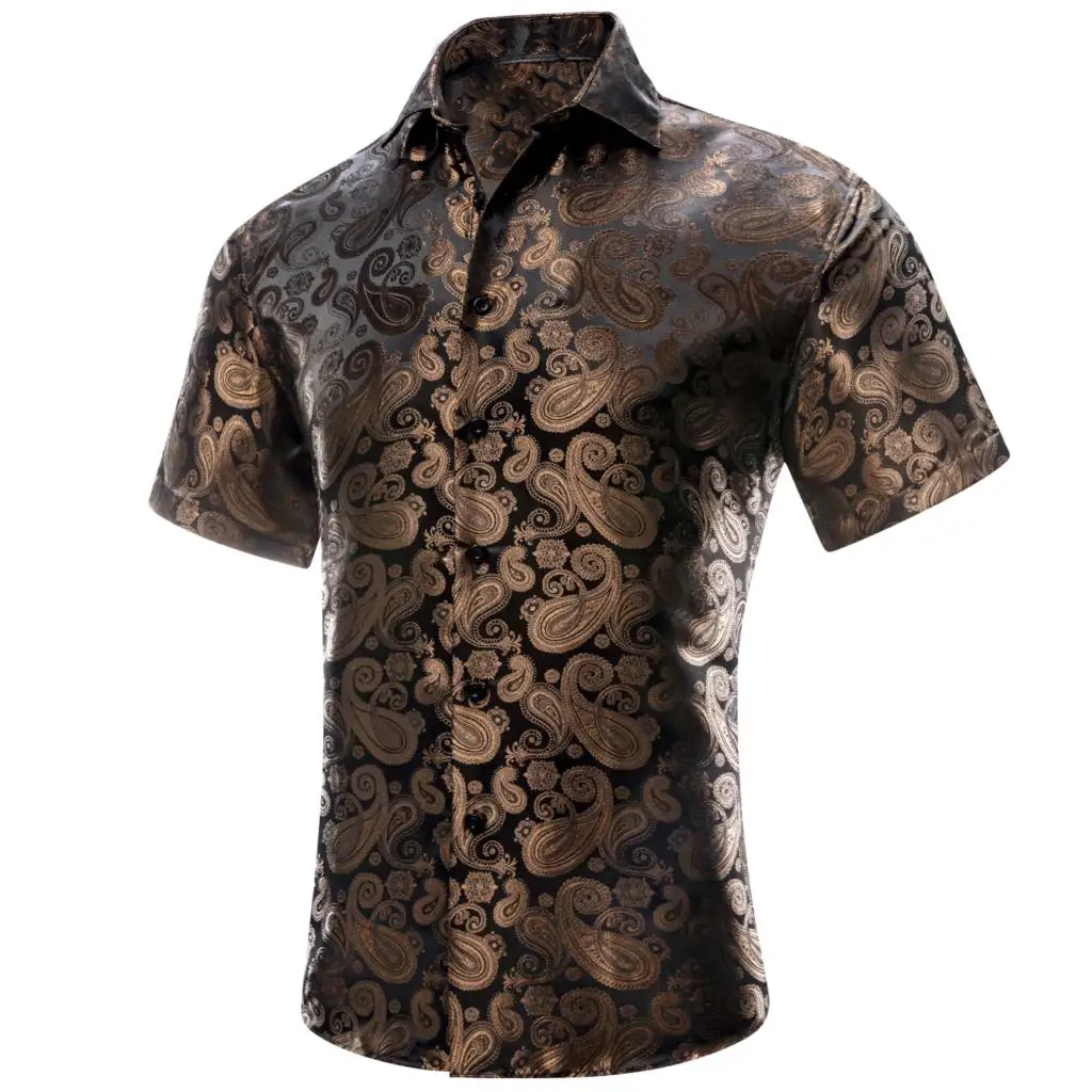 

Hi-Tie Brown Coffee Silk Short Sleeves Men Shirts Spring Summer Jacquard Paisley Shirt Blouse Male Breathable Casual Formal Gift