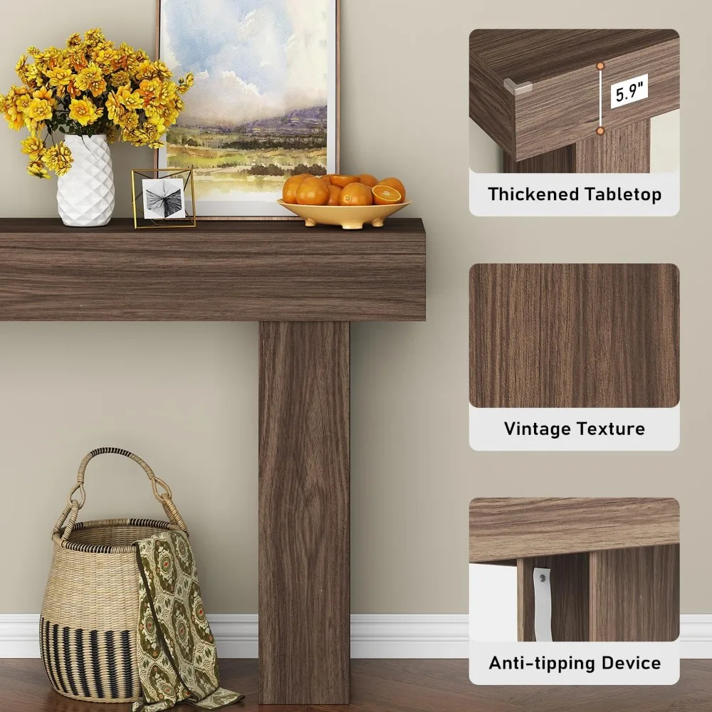 63 Inch Long Console Table for Entryway, Farmhouse Wood Rectangular Sofa Table Behind Couch Table, Narrow Entryway Table for Liv