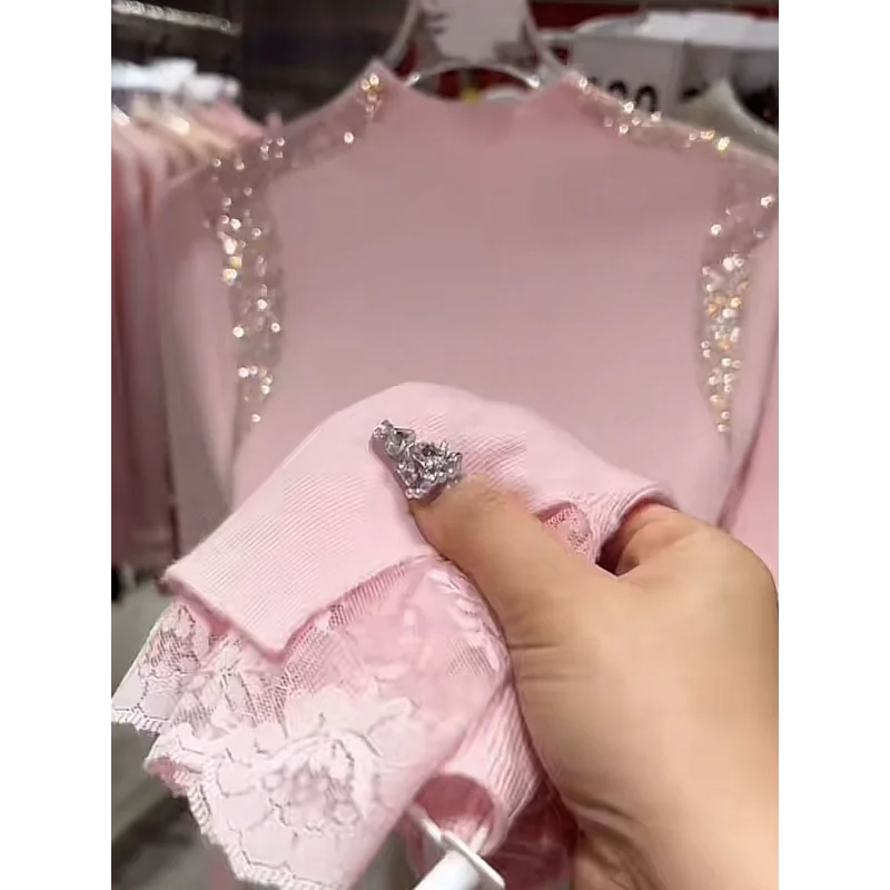 เสื้อสเวตเตอร์ถักคอเต่าครึ่งตัว แต่งผ้าลูกไม้ลายเพชร สำหรับผู้หญิง ฤดูใบไม้ร่วงและฤดูหนาว รุ่นใหม่ ดีไซน์อเนกประสงค์