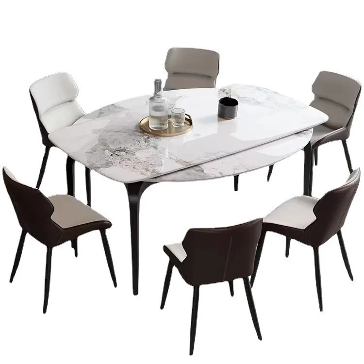 

Pure white cream style household telescopic folding rock slab dining table and chairs square and round dual-purpose variable