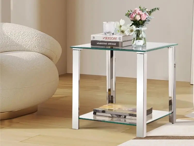 Glass End Table,Side Table With 2-Tier Storage,Coffee Table With Stainless Steel Frame,Living Room Table Modern Style For