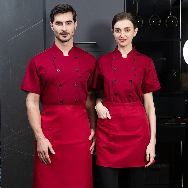 Uniforme de chef à manches courtes avec logo pour femme, veste noire, manteau de cuisinier, t-shirt de chef, uniforme de travail de boulanger, vêtements d'hôtel WaClaRestaurant