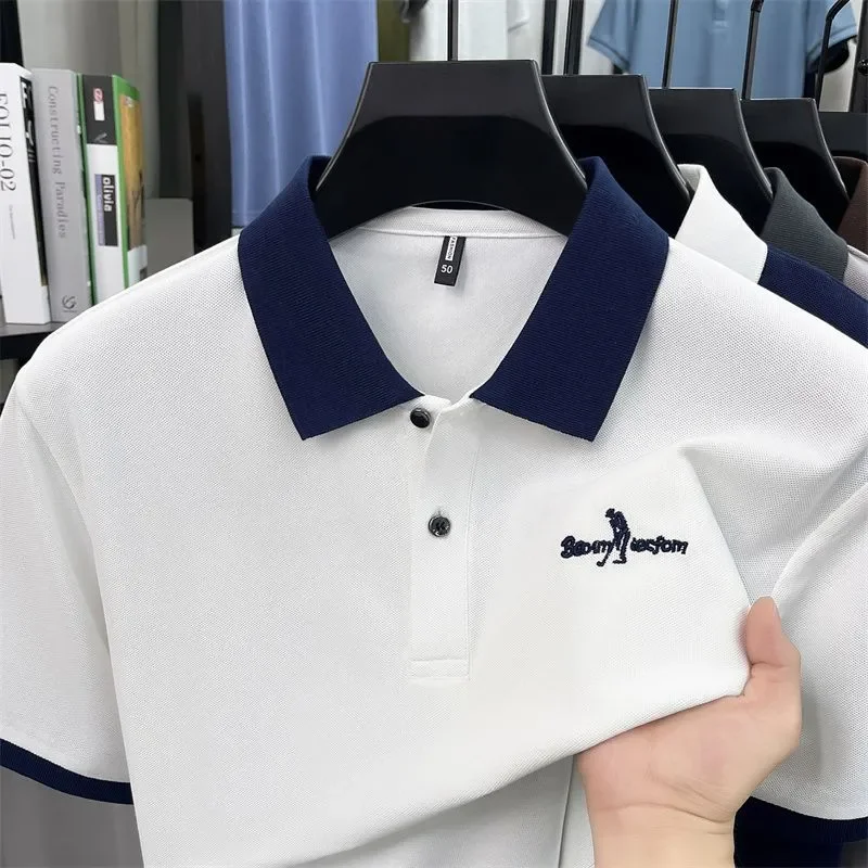 Men's Summer Polo Shirt Contrast Color Collar Short Sleeve T-Shirt 2025 New Embroidery Breathable Business Casual Tops