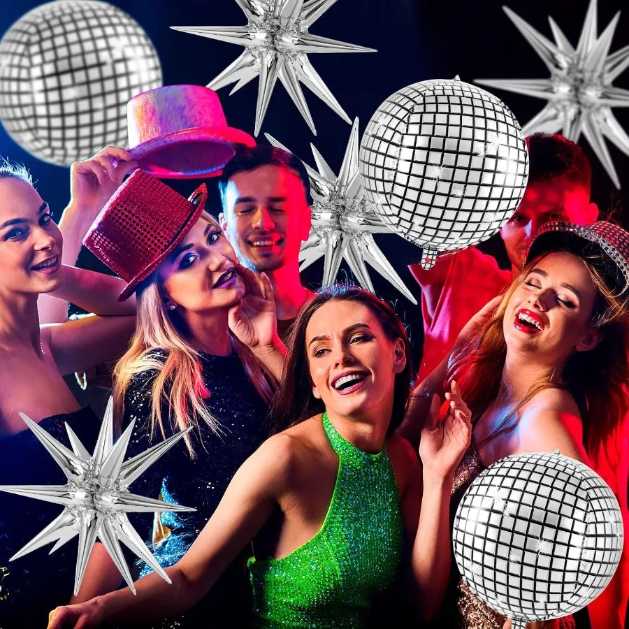 Discokugel-Luftballons mit Stern-Luftballons, 55,9 cm, metallischer Silberfolienballon für Disco-Party-Dekoration, Geburtstag, Bachelorette, Neujahr