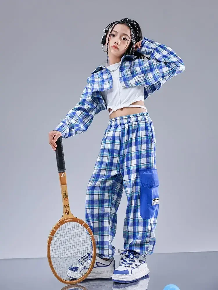 Girls Hip Hop Cool Shirt Street Dance Baggy Cargo Pants Children Crop Plaid Jacket Streetwear Kids Jazz Joggers Clothes Sets