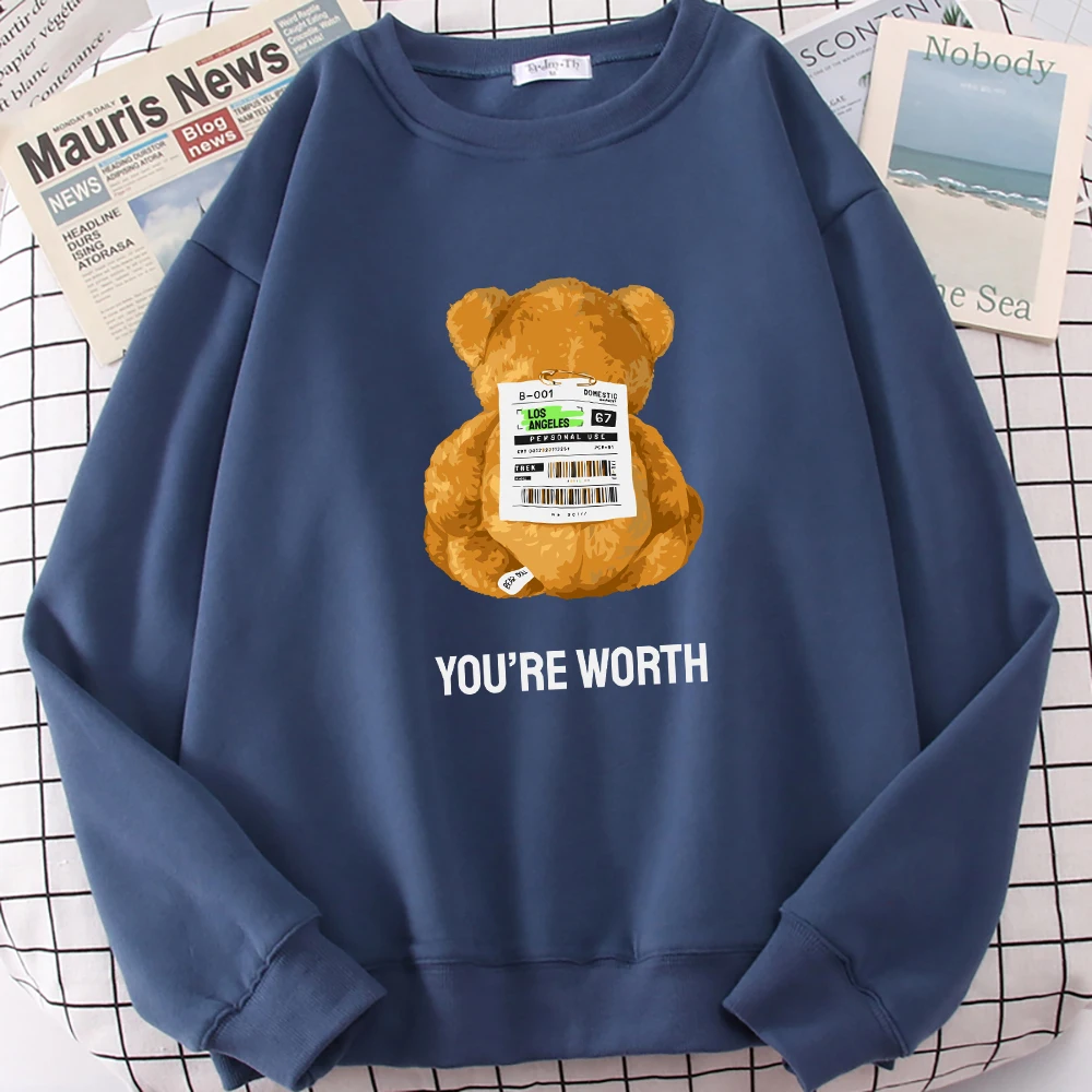 You Are Worth Slogan With Bear Doll Los Angeles Print Women Sweatshirt Retro Fleece Pullovers All-Match Hip Hop Clothes Soft Top