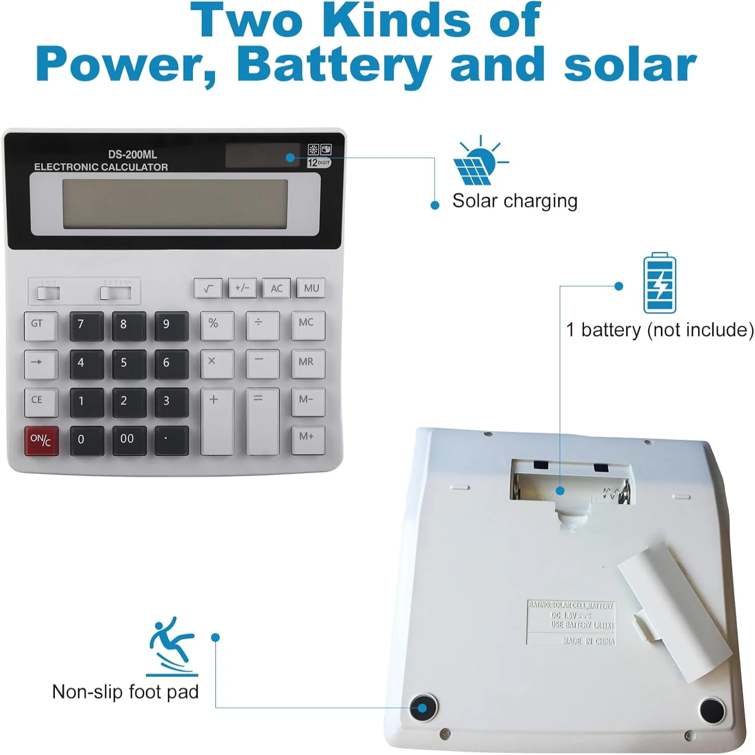 Desk Calculator, 12 Digit Extra Large LCD Display,Touch Comfortable with Big Buttons, Two Way Power Battery and Solar Calculator