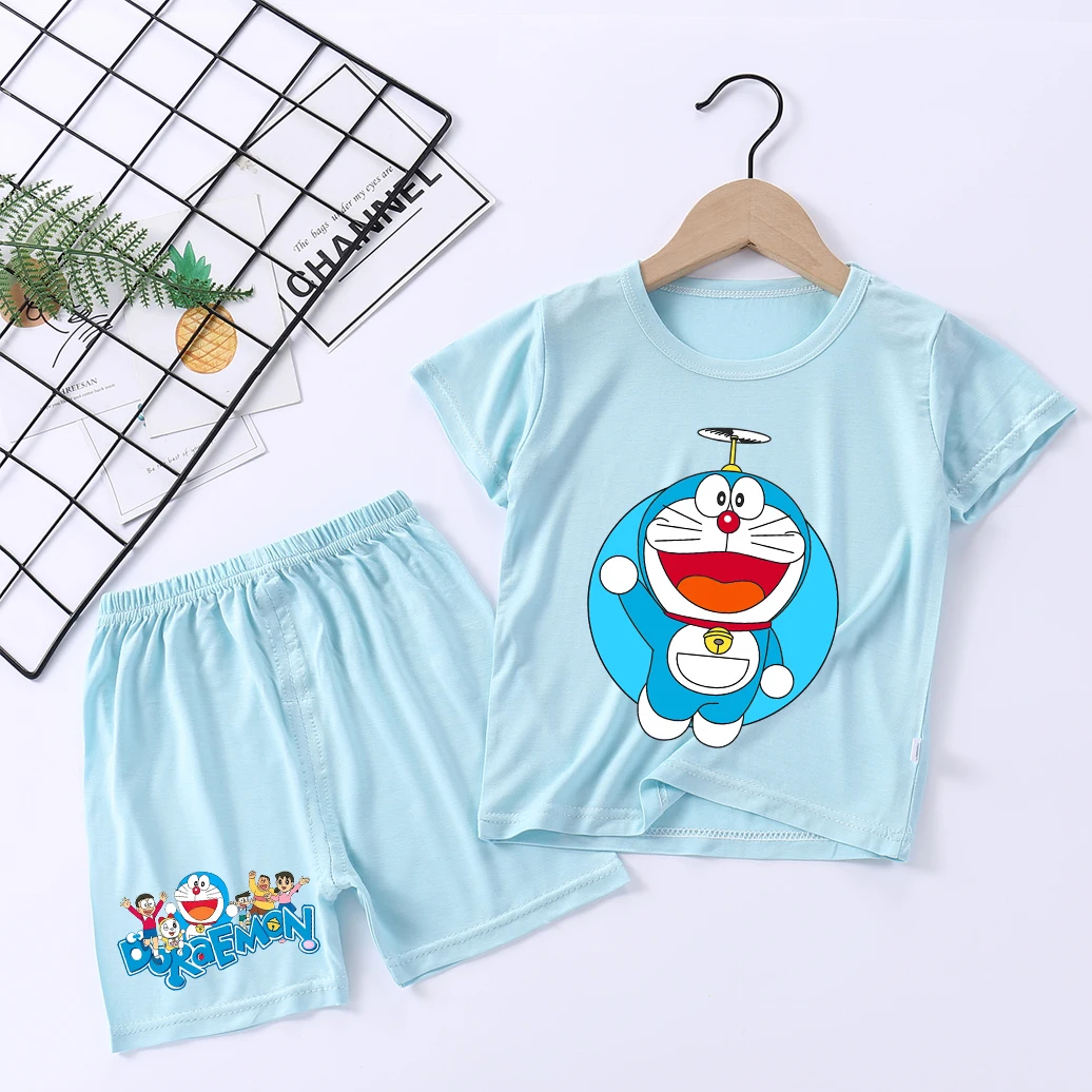 Doraemons Children Pajamas Set Boy Girl Short-sleeved Clothes Pants Suit Baby Summer Thin Nightgown Air Conditioning T Shirt