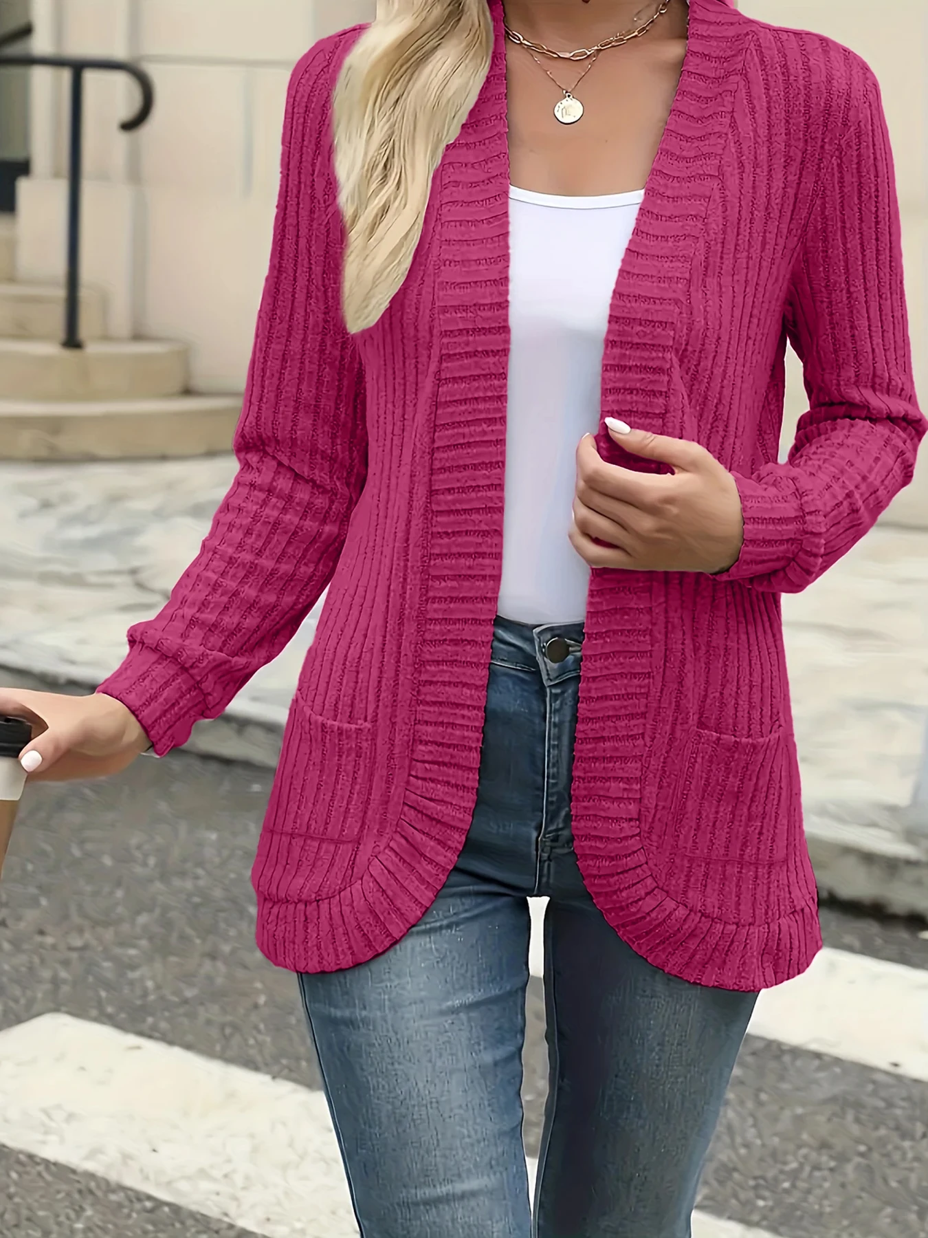 

Solid Color Spring and Autumn Style Pocketed Unique Women's Cardigan Jacket