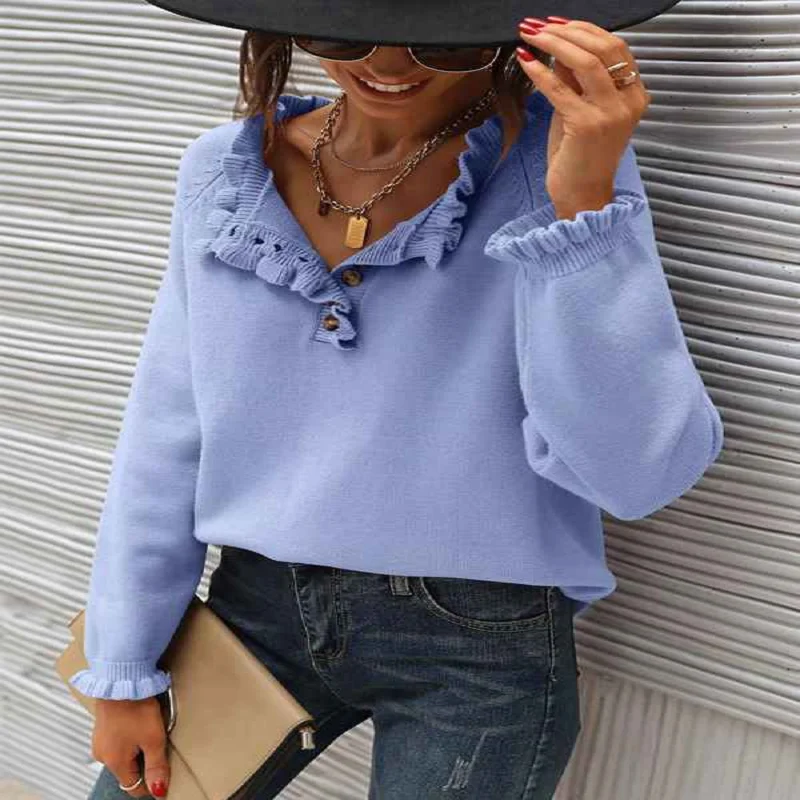 

Women Sweaters Fall Winter Clothes Long Sleeve Button Up Ruffle Crew Neck Casual Knitted Pullover Tops