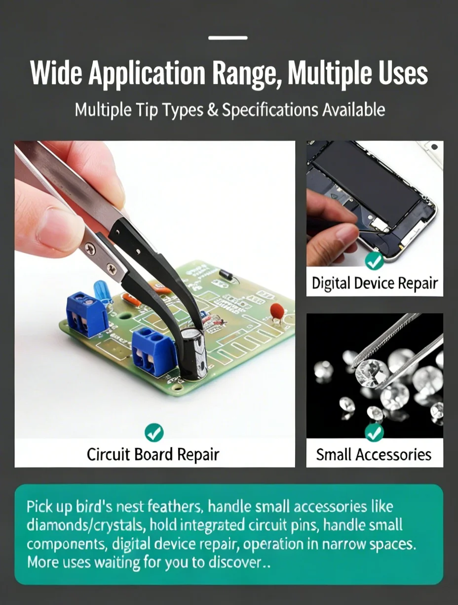 ESD-sichere Präzisionspinzetten, antistatische Spitzen aus robustem Metall für die Reparatur von Elektronik und Schmuck – Detail 2