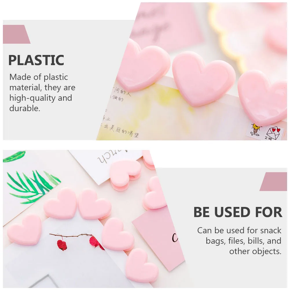 

20pcs Plastic Heart Shaped Clips Food Bag Clamps Snack Storage Memo Organizer Photo Decorative Office Home Use Pink Color