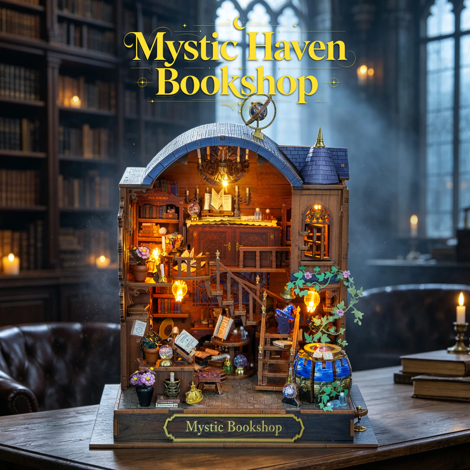 Mystic Bookshop DIY Miniature Dollhouse Kit, Wooden Book Nook Model, Handmade Assembly Diorama with LED Lights