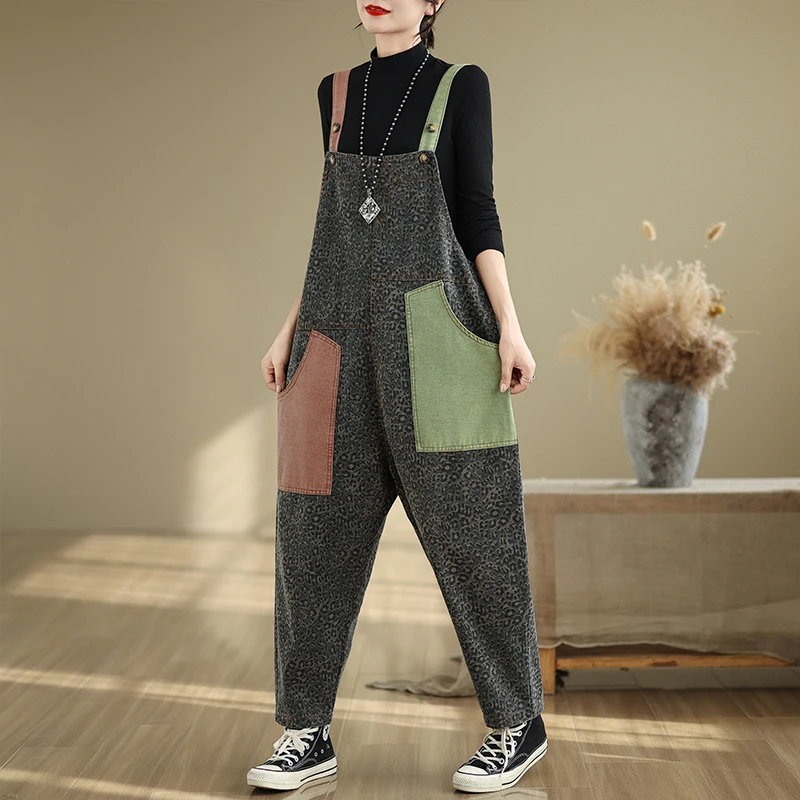 #1449 Leopard Denim Jumpsuits Women Side Pockes Vintage Split Joint Streetwear Sleeveless Jumpsuits Ladies Loose Pencil Rompers