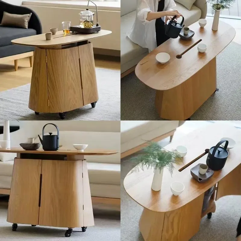Modern Solid Wood Mobile Coffee Table Cabinet Movable Tea Cart Side Table with Storage Function for Living Room Home