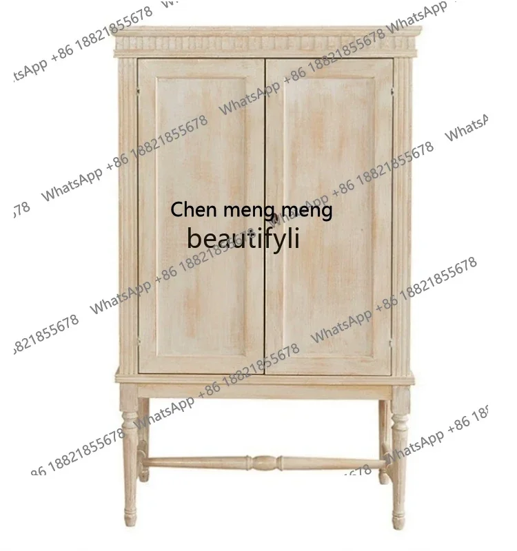 French Solid Wood Wine Cabinet Vintage Distressed Bar Double Door Showcase Small Apartment Sideboard Cabinet with DrawerAsmt09