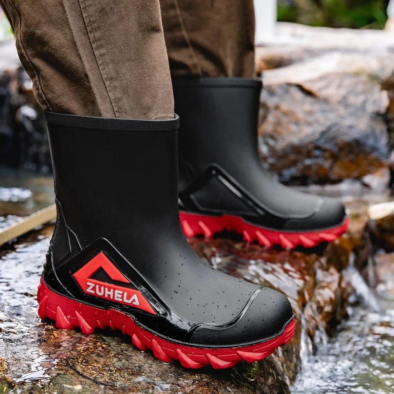 Men Mid Calf Waterproof Rain Boots Deep Lug Non-slip Thick Sole Rubber Boots Outdoor Garden Farming Camping Mud Work Footwear