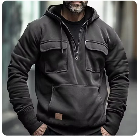 Male Hooded Jackets Half Zipper Men Tactical Hoodies Solid Warm Fleece Military Sweatshirts Multi Pockets Thick Outdoor Overoat