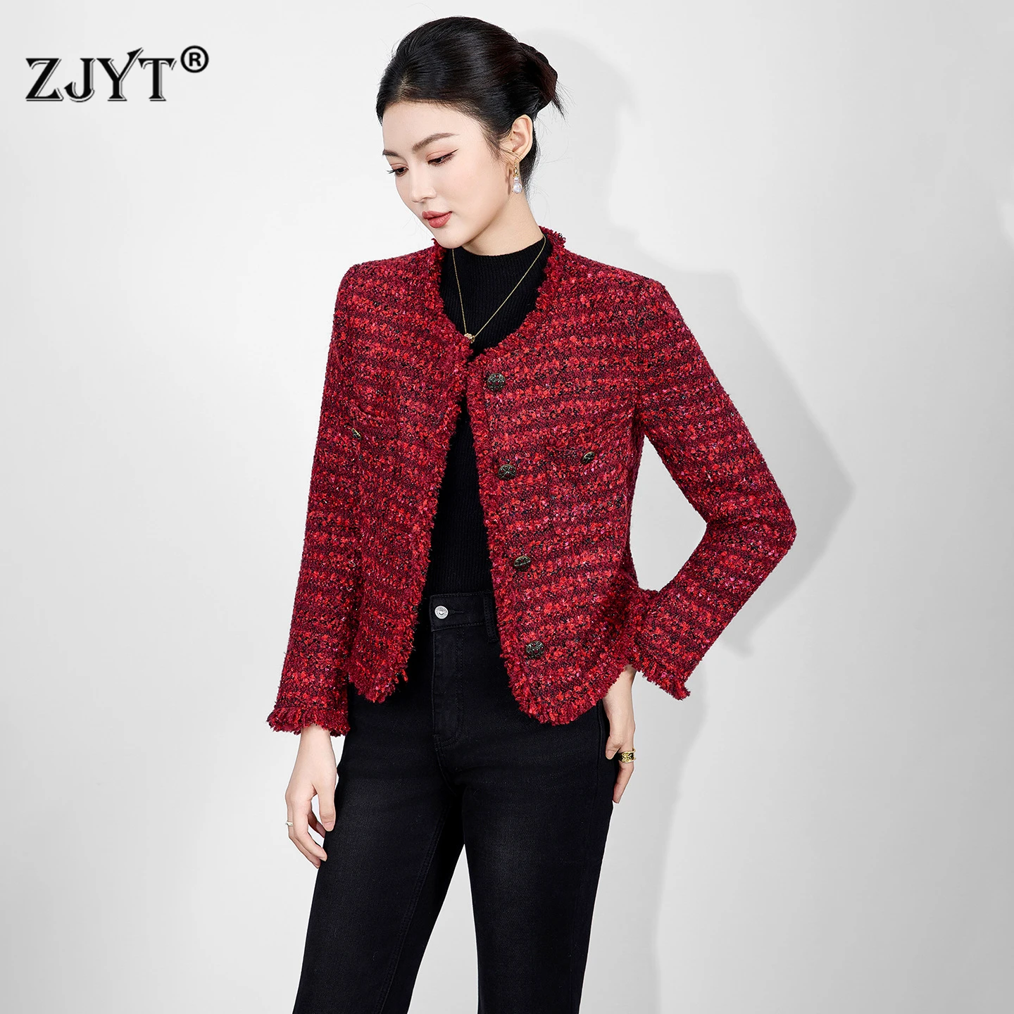 

ZJYT Autumn Winter Thick Tweed Woolen Short Coat Jacket Long Sleeve O Neck Elegant Red Outerwears Casual Vintage Femme Veste
