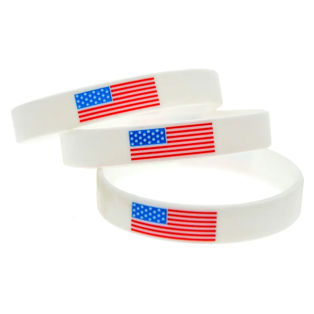 50 Pcs American Flag Silicone Rubber Wristband 1/2 Inch Wide Sports Bangle Printed Logo