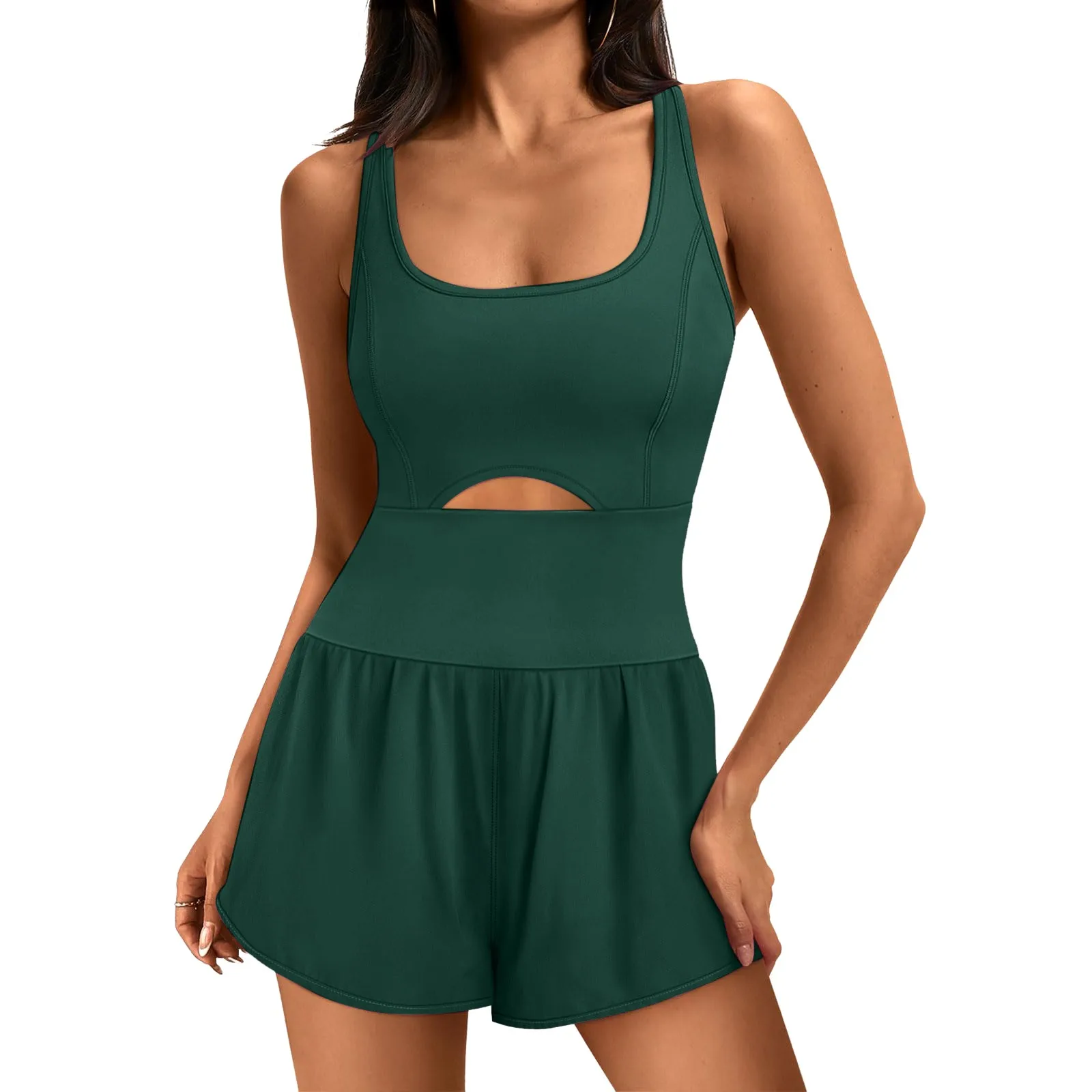 

Ladies Sports Rompers Sleeveless Hollow Out Pleated Shorts Slim Fit Cross Back Sweat-Absorption Quick Dry Yoga Jogging Rompers