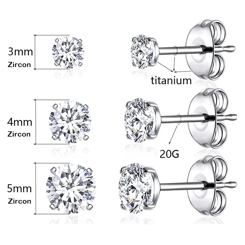 1 Pair G23 Titanium ASTM F136 Hypoallergenic Studs Earrings  with 3 MM 4 MM 5MM Zircon Stone G20 11MM Length Piercing Jewelry