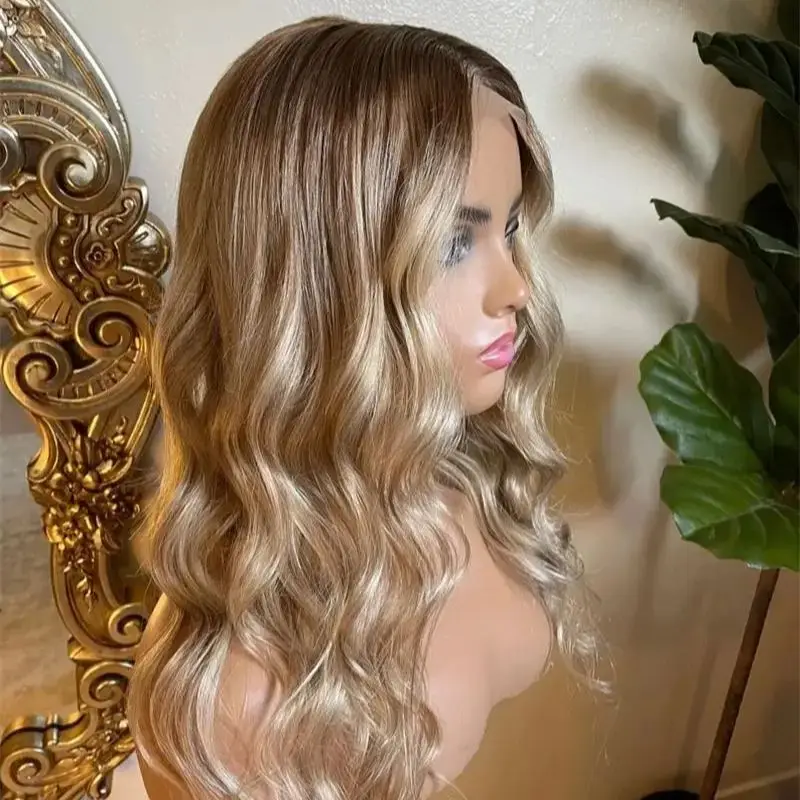 Perruque Full Lace Frontal Wig 100% naturelle, cheveux humains, 13x4, balayage, blond gênant, racines brunes, dentelle suisse transparente