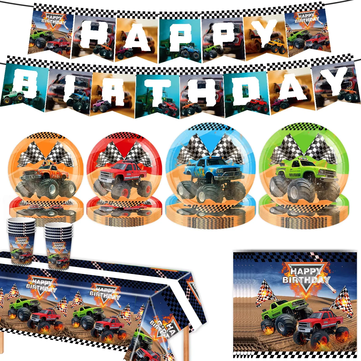 Monster Truck Racing Themed Boys Birthday Party Decoration Set, Birthday Tablecloth Plates Napkins Cups Banner Party Favors