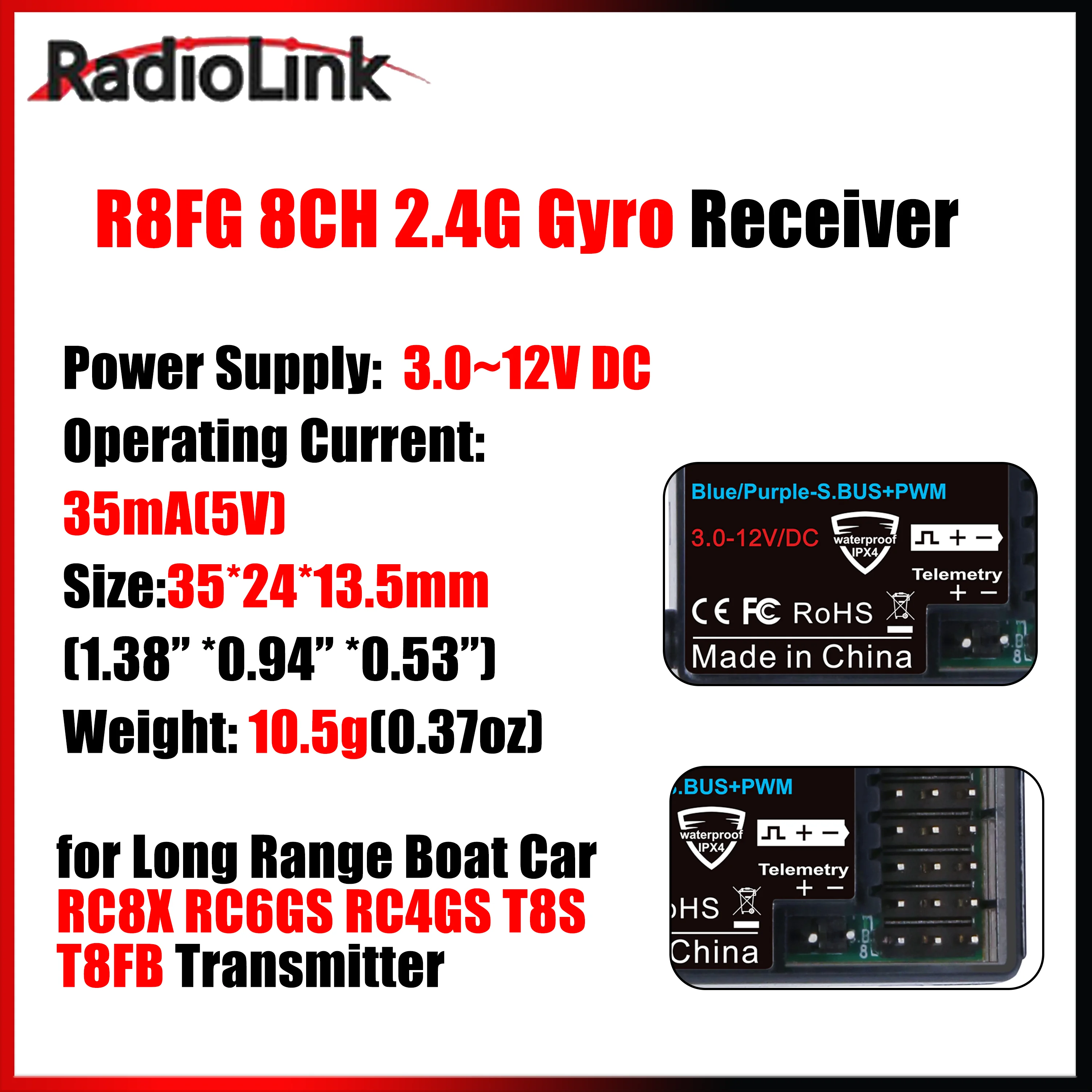 

Радиоприемник Radiolink R8FG 8-канальный 2.4G с гироскопом и возвратом напряжения 3.0-12В DC для дальнобойных моделей лодок, автомобилей, совместим с передатчиками RC8X, RC6GS, RC4GS, T8S, T8FB