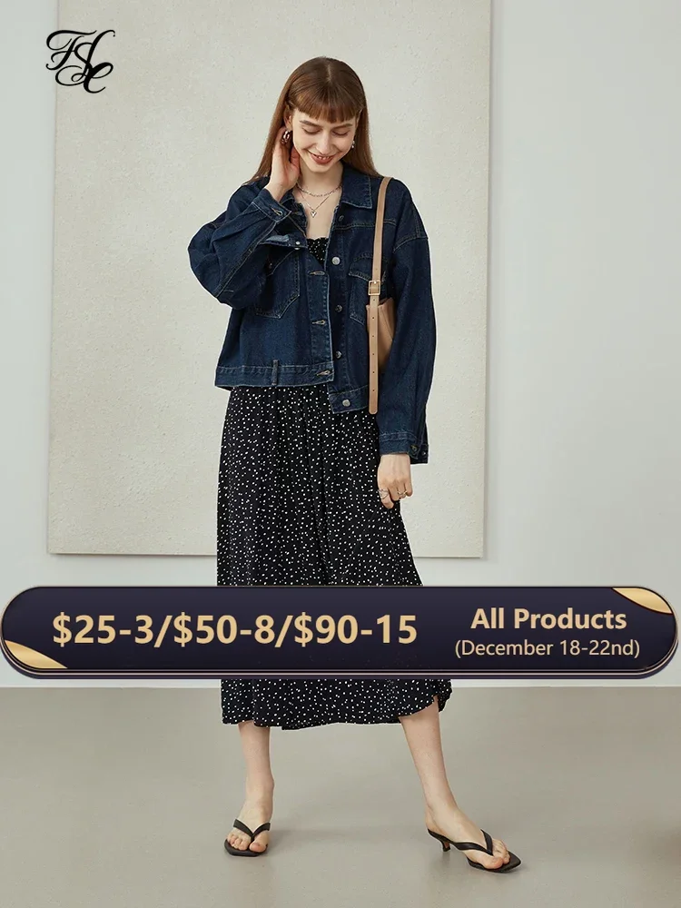 FSLE Dark Blue Short Denim Jacket New Korean Style Loose Jacket Cotton Cropped Jacket Autumn Clothes Women Women Jacket