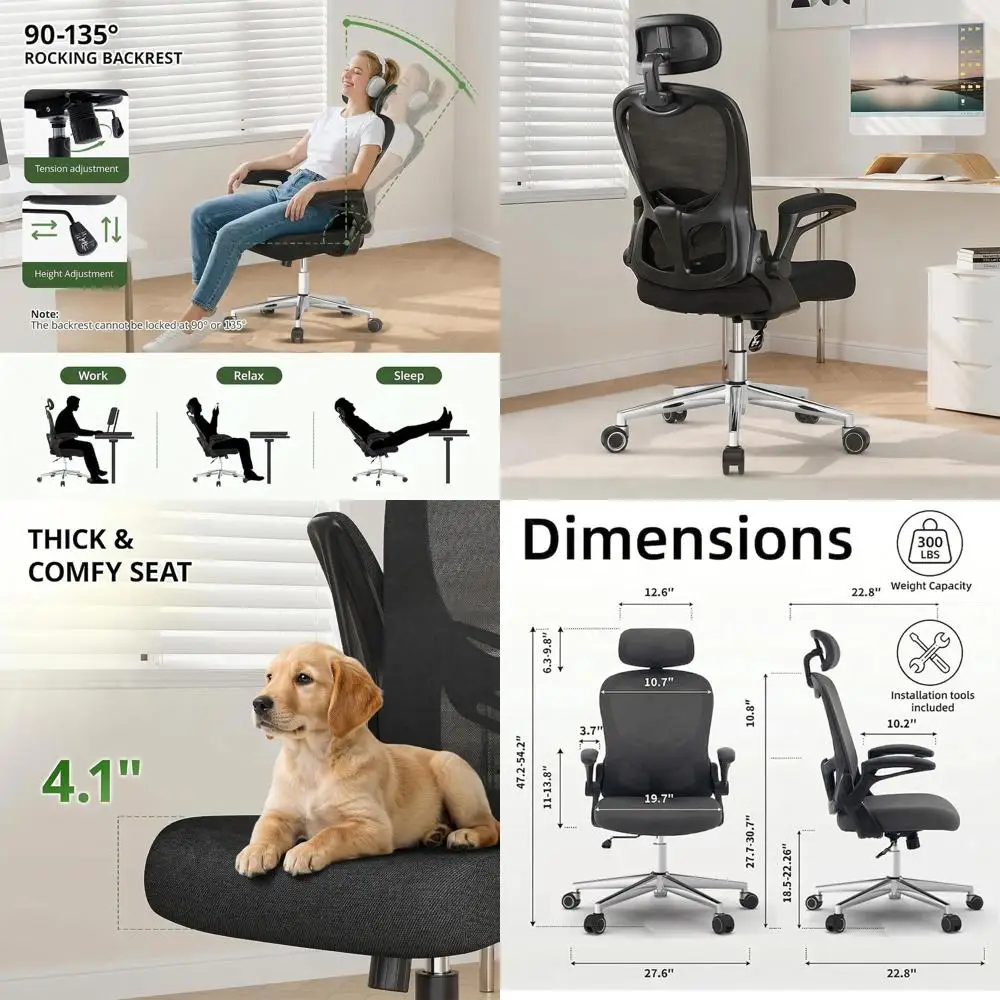 

Ergonomic Mesh Office Chair with Adjustable Lumbar Support, Pneumatic Seat Height, and Flip-Up Arms (Black)