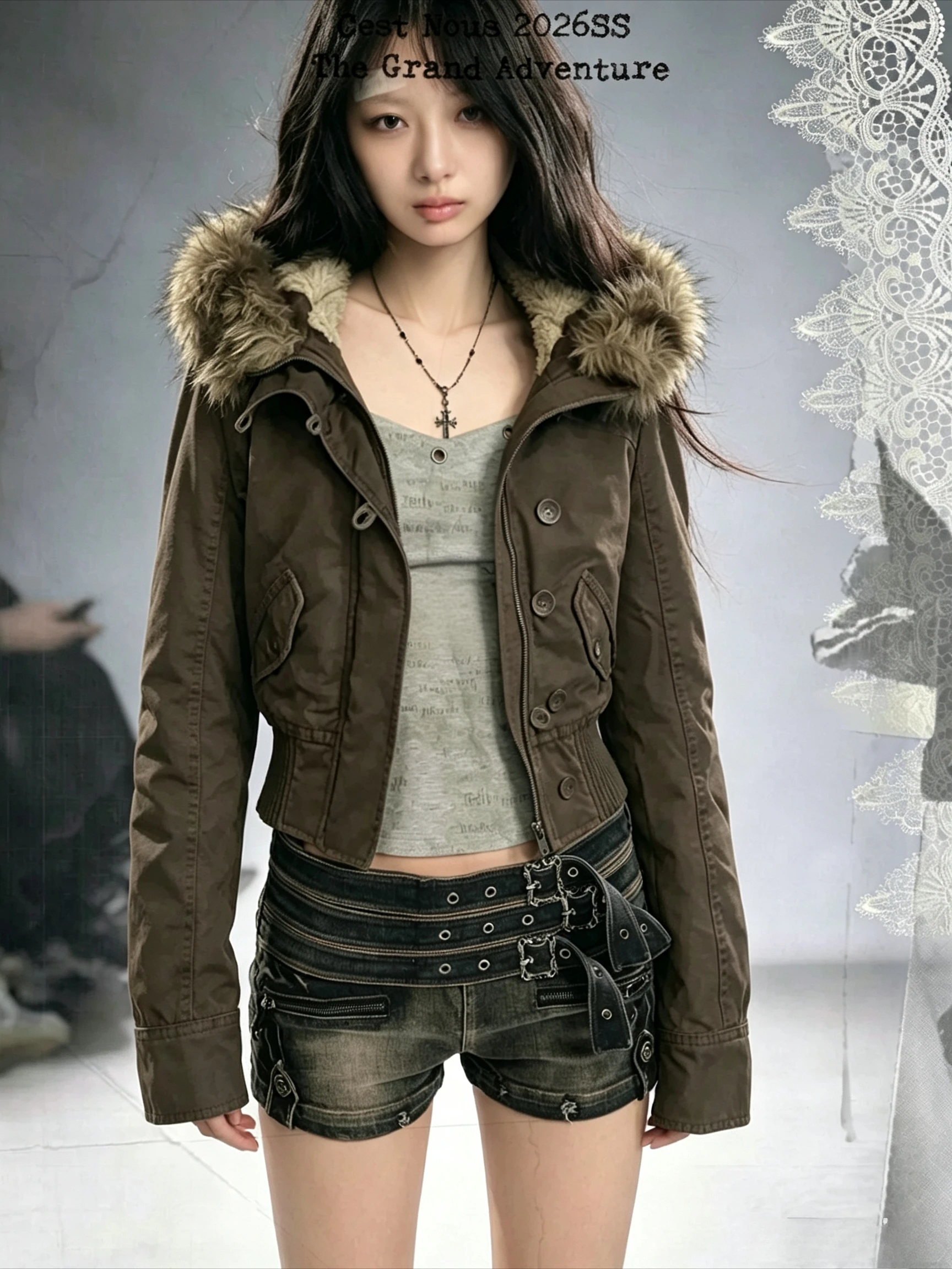 Women 2026 Fall American Retro Punk Faux Fur Hooded Cloak Jacket Black Loose Fit Zipper Safari Grunge Y2K Streetwear Overcoat