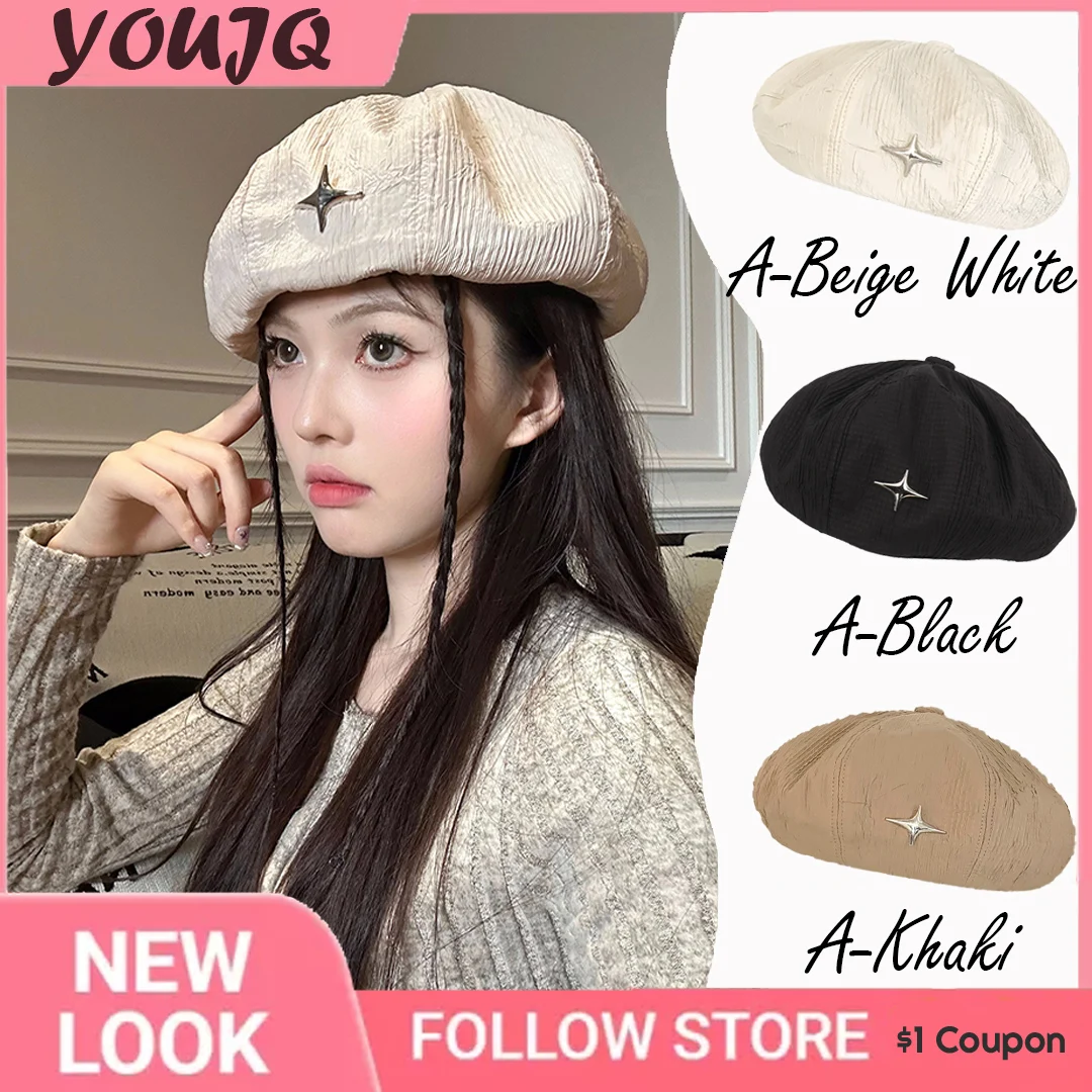 Retro Versatile Pleated Cross Star Decorative Beret Foreign British Painter Cap Octagonal Hats for Women Gorras Invierno Mujer