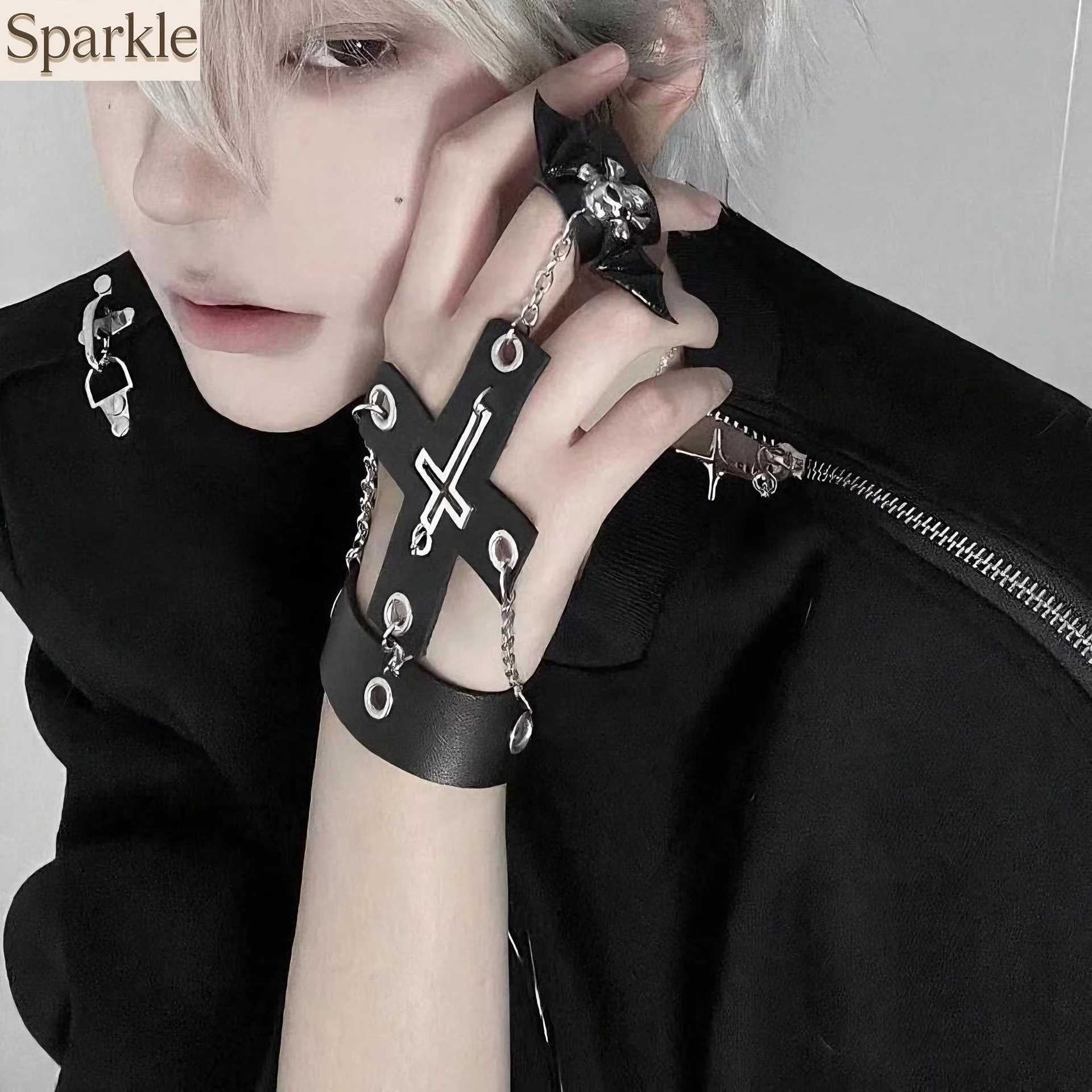 

Gothic Punk Dark Skull Cross-styled Hand Bracelet Y2K Hand Accessories Leather Chain Harajuku Lolita JK Rock Bracelet Cosplay