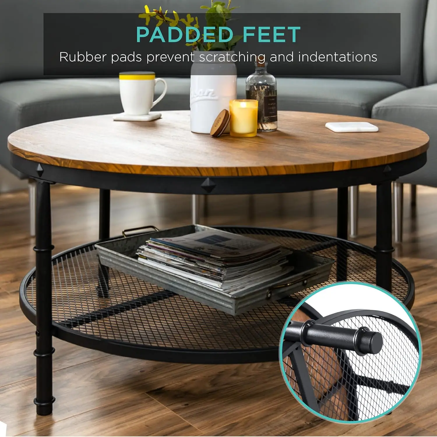 Choice Products 2-Tier 35.5in Round Industrial Coffee Table, Rustic Steel Accent Table for Living Room, w/Wooden Tabletop,