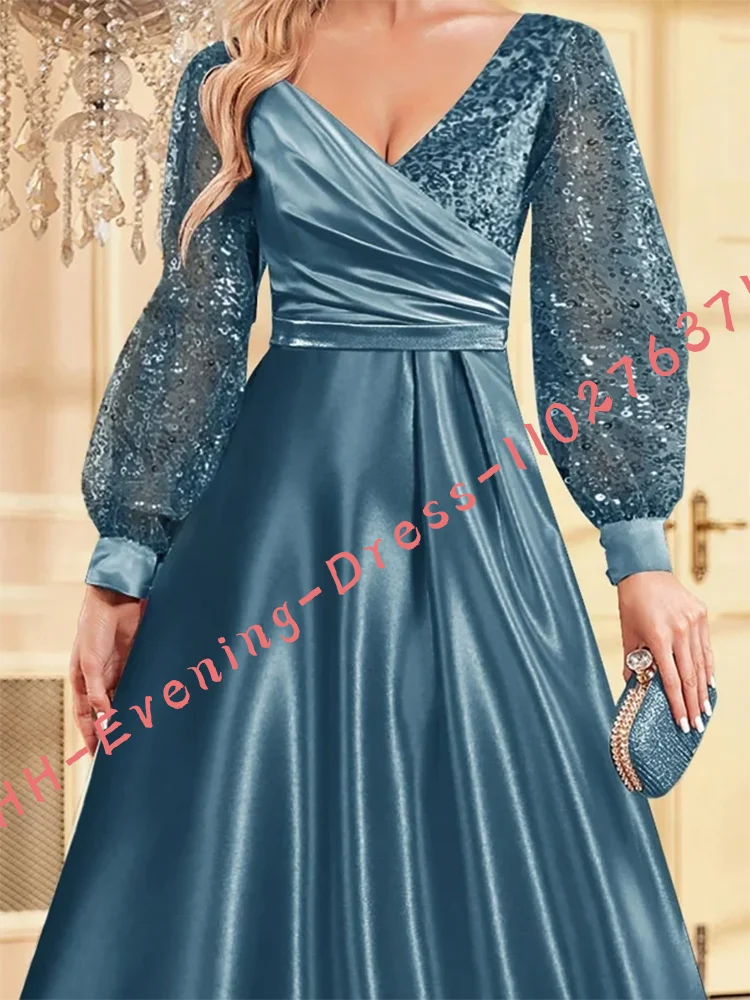 ClassicV-cuello plisado rebordear manga linterna A-Line vestidos de noche formales fiesta de cumpleaños vestidos de graduación personalizados