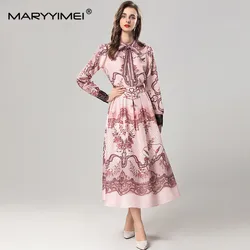 MARYYIMEI Autumn and Winter Women's Suit Scarf Collar Long-Sleeved Single-Breasted Tops+Casual Skirt Vintage Print 2 piece set