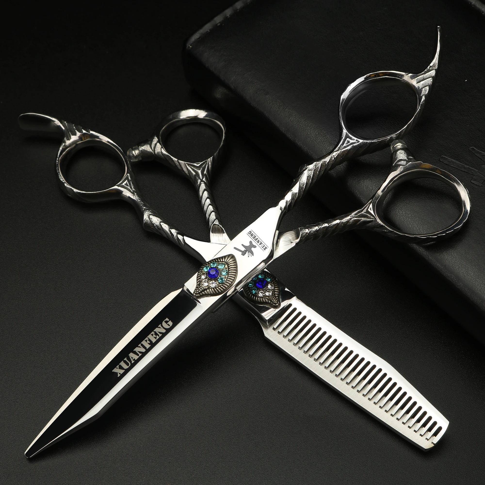 

Silver Peacock Screw Barber Cutting and Thinning Scissors 6-inch Japanese 440C Steel Hair Scissors