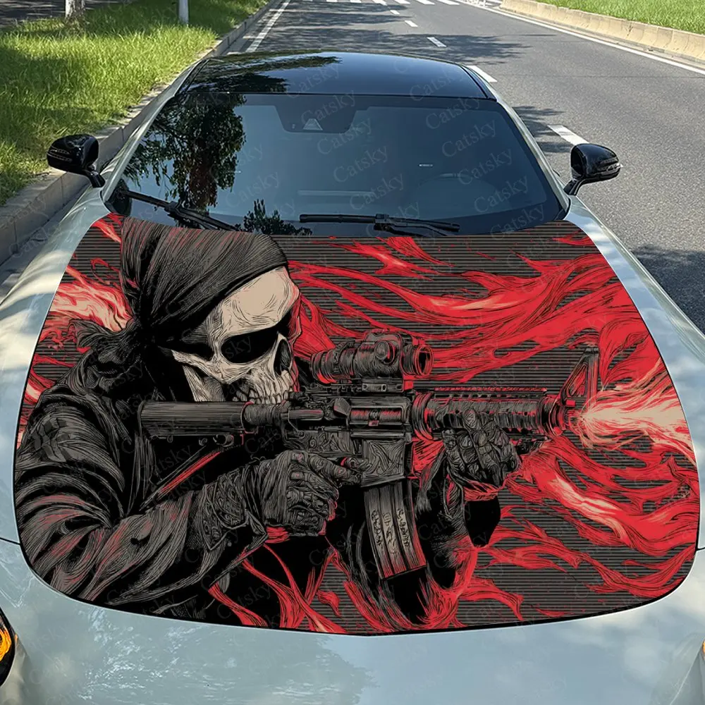 

Car Decal Skull Sniper with Red Flame Element in Tactical Gothic Design, Creating a Bold and Edgy Visual Car Hood Sticker, Water