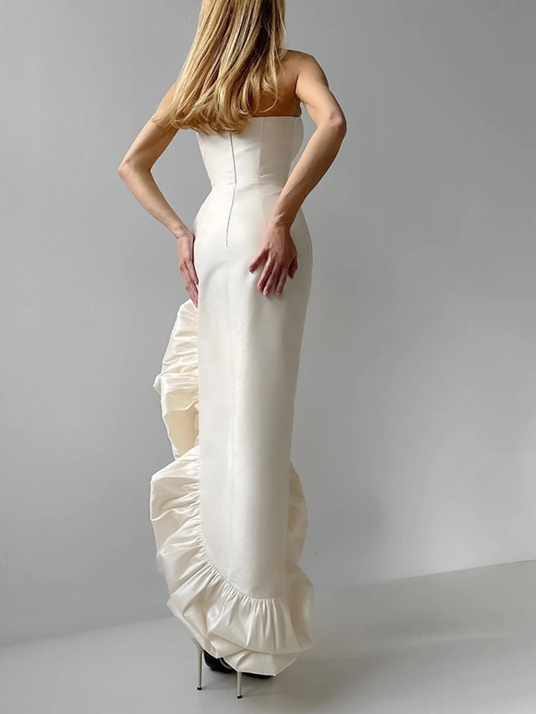 

Luxury High Waist Wrap Hips Dresses French Style Satin Ruffles Evening Dress Elegant Solid Color Off Shoulder Slim Banquet Dress