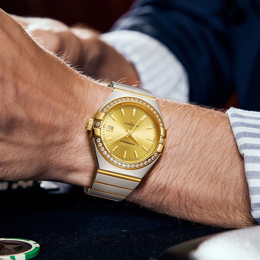 Mark Fairwhale 高級自動巻きメンズウォッチ ステンレススチール ビジネス ドレス腕時計 ファッション ダイヤモンド 機械式デザイン用