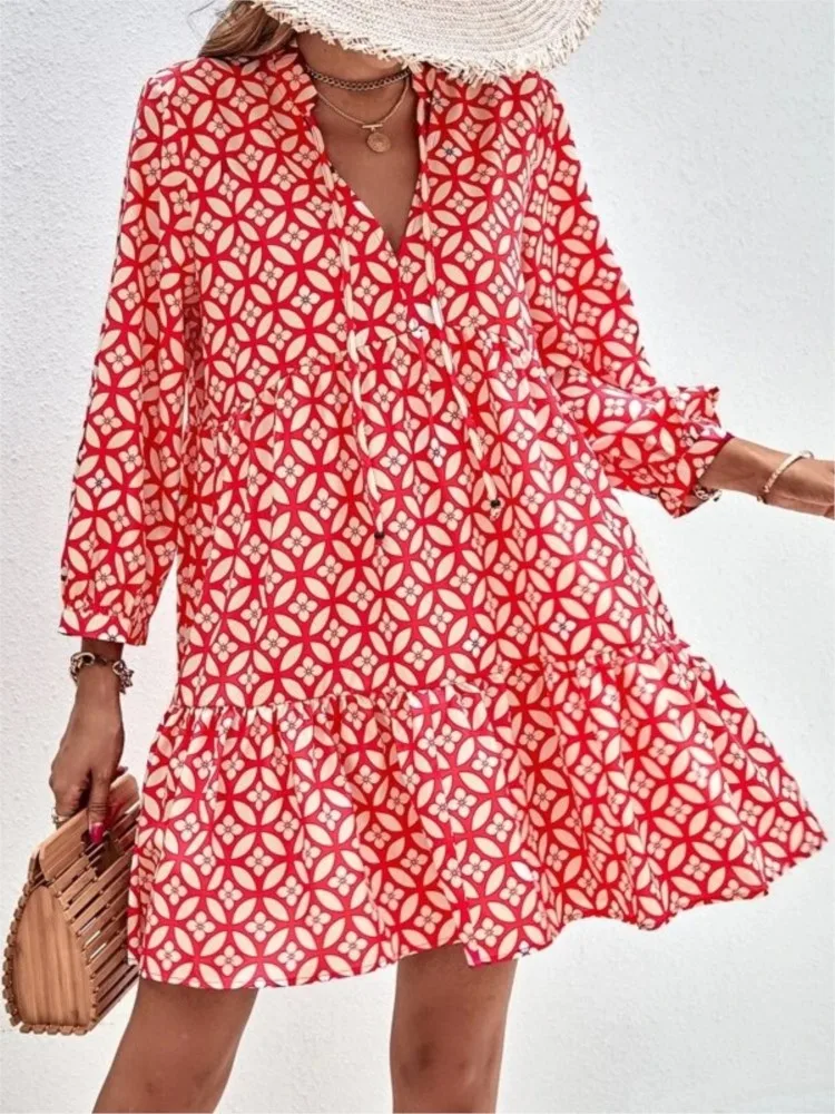 Abbigliamento casual Boho per le vacanze Mini abito con stampa floreale per donna Scollo a V Manica a 3/4 Abito ampio Abiti da festa eleganti estivi Donna