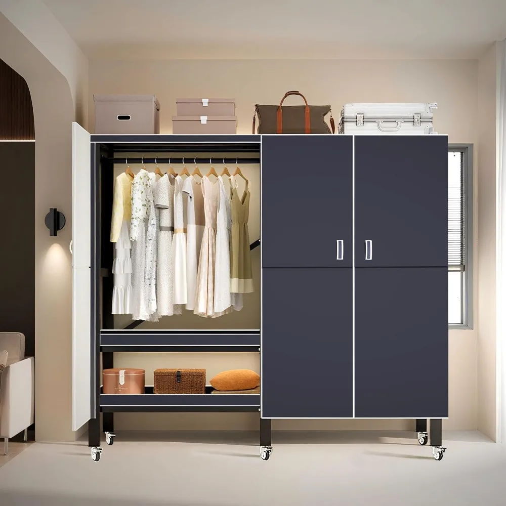 Portable Heavy-Duty Metal Clothes Rack with Magnetic Door, Foldable Covered Wardrobe System for Hanging Clothes and Storage