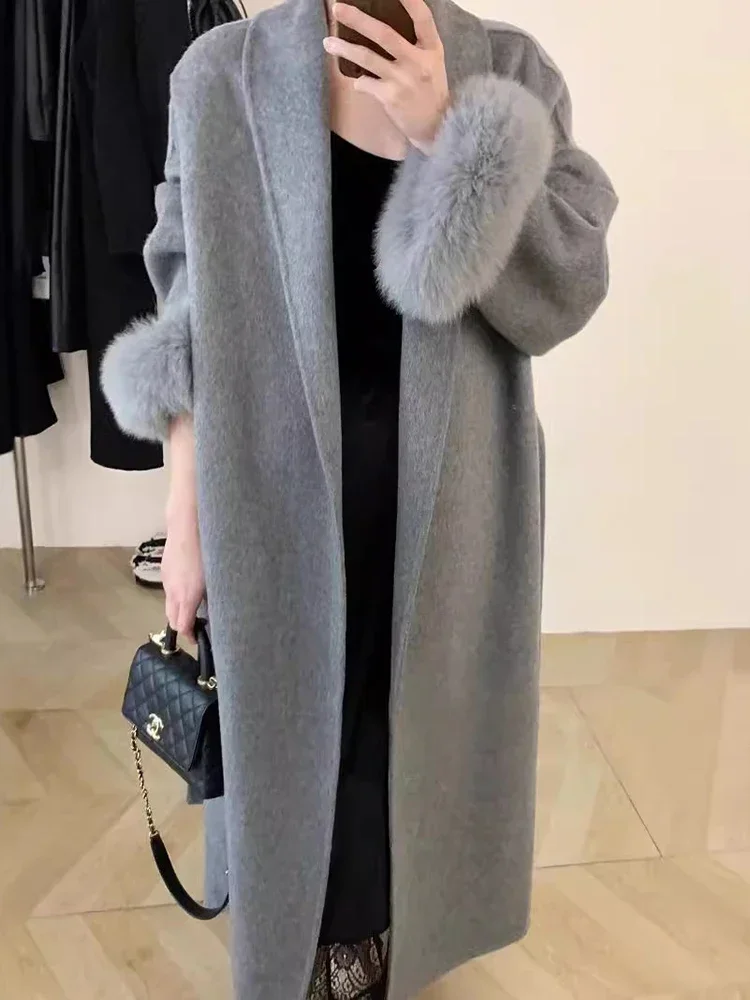 Elegant Women's Coat European Style Tide All Match Belt Fox Fur Patchwork Long Sleeve Woolen Coat 2025