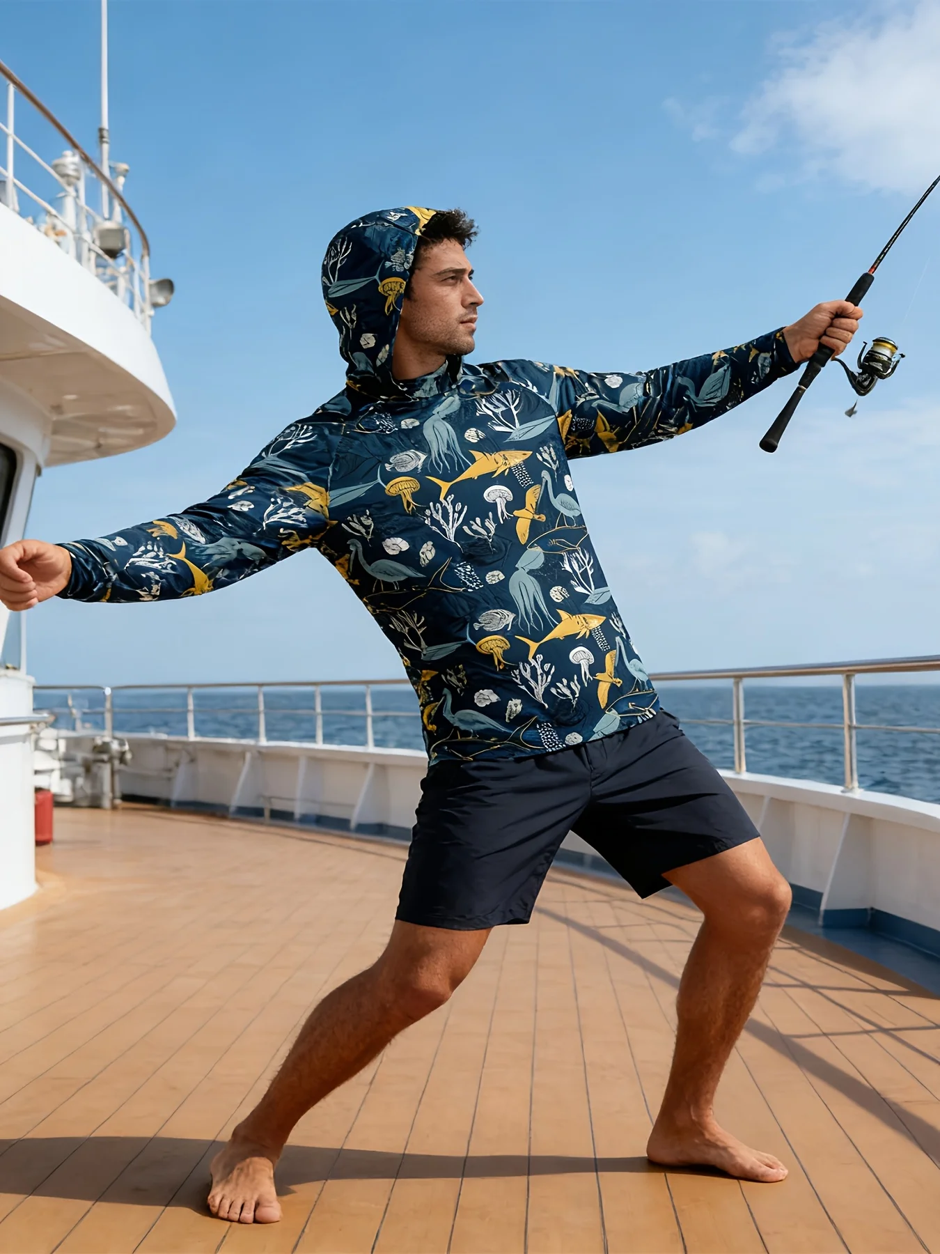 2026 Summer New Men's Long-Sleeved Shirt with 3D Underwater Fish Print - Fashionable Outdoor Comfortable Lightweight and Soft