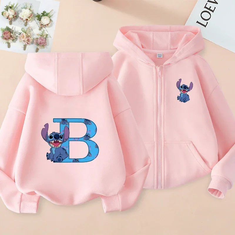 Lilo And Stitch, 26 English Letters, Harajuku Pattern Print, Zipper Sweater, Children's Coat Hoodie, Boys And Girls Sports Coat