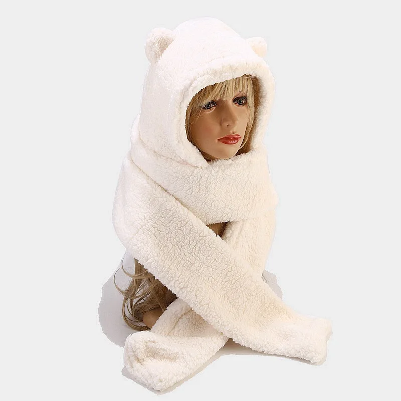 Winter Hat Scarf One-Piece Warm Plush Lining Bear Ears Beanies Neck Protection Bonnet Scarves for Women Girls Windproof Skullies