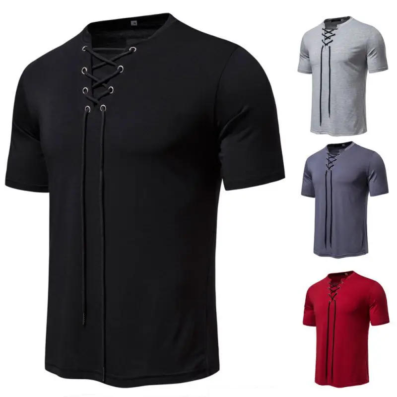 Foreign Trade Men's Casual Short Sleeved T-shirt Collar, Lace Perforated Round Neck, Fashion Short Sleeved T-shirt for Men