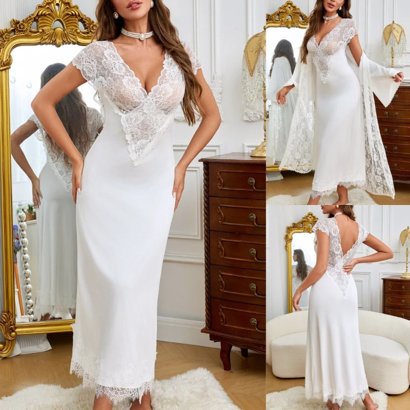 2026 New Summer Hot Selling Front and Rear Large V-neck Lace Patchwork Satin Elegant Home Skirt for Women