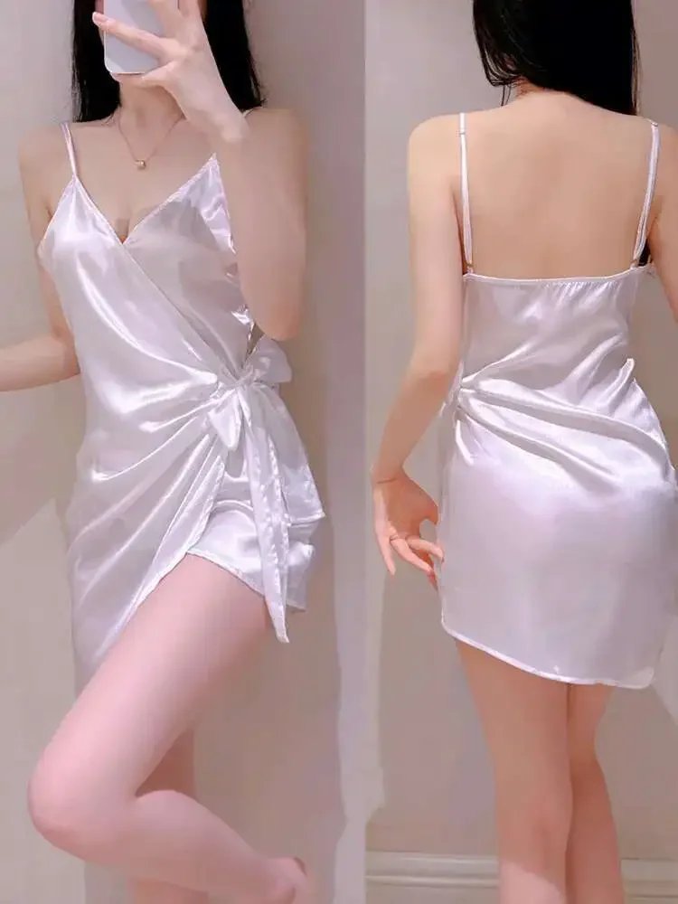 White Bow Mini Tank Dress Sweet Fashion Korean Women V Neck 2023 New Lingerie Uniform Ice Silk Robe Dress Elegant